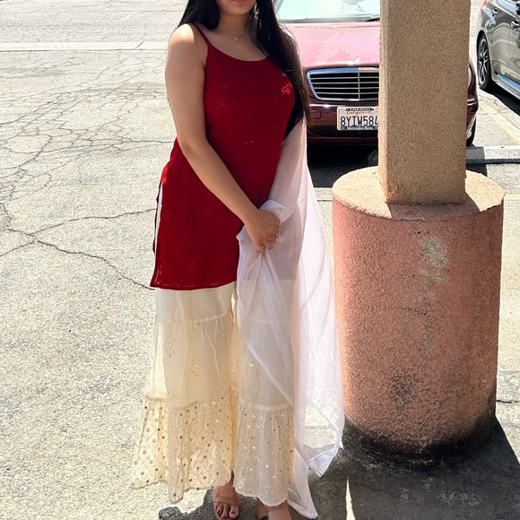 Red and Cream Ethnic Kurti and palazzo with dupatta - Picture 1 of 4